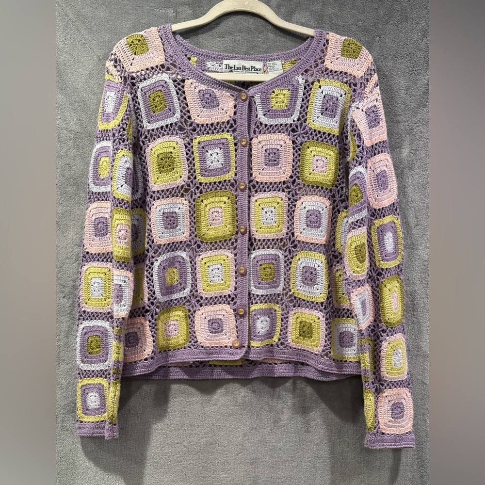Vintage The Last Best Place Crochet Granny Square Cardigan Women’s Size XL